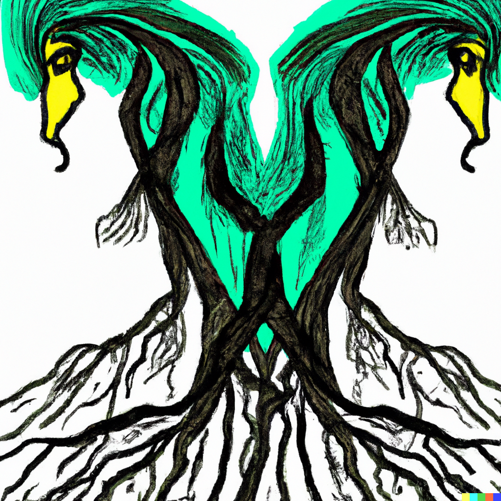 Imagem de raízes de árvore e de asas ao estilo de Picasso, gerada pelo dall-e